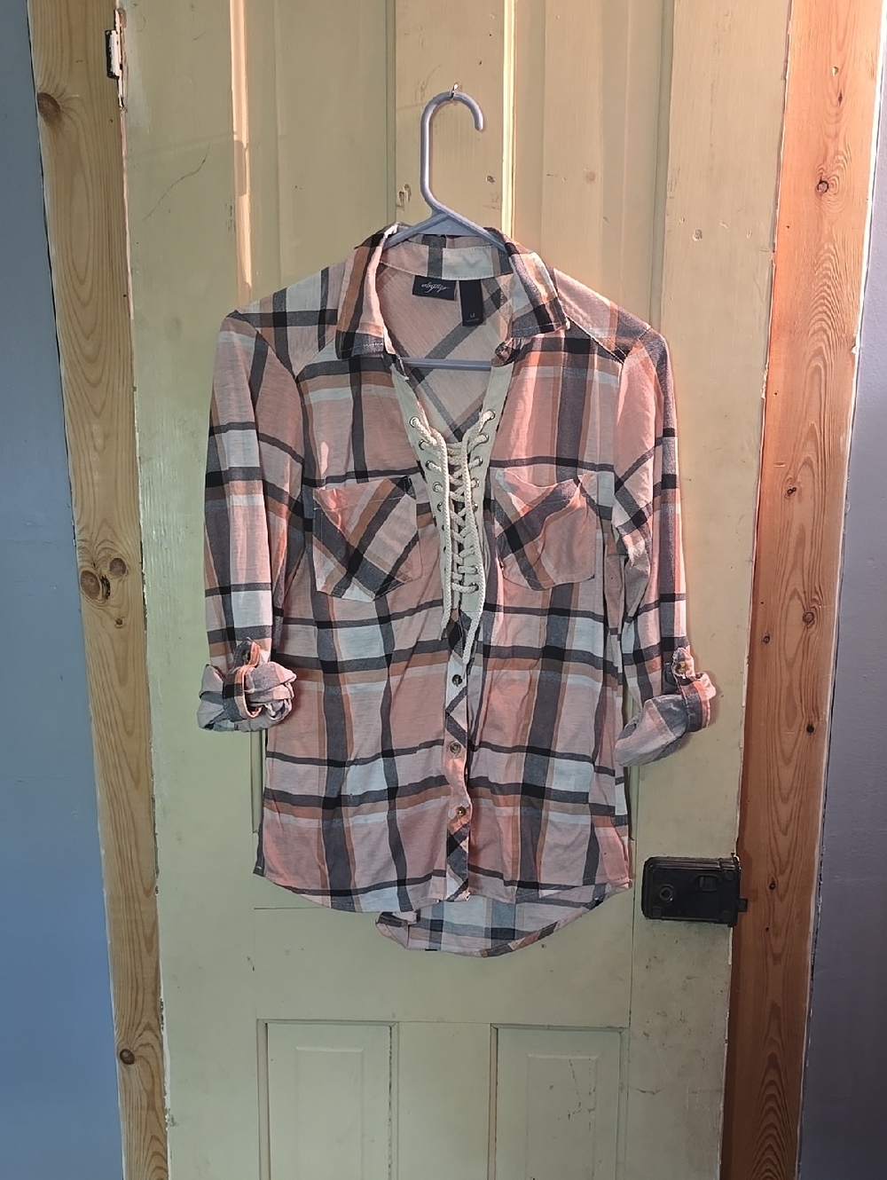 Lace-Up Plaid Button-Up Shirt in Peach & Black